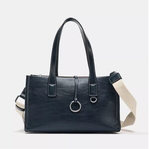 Zara NWT dark navy blue top handle faux leather shopper bag removable straps